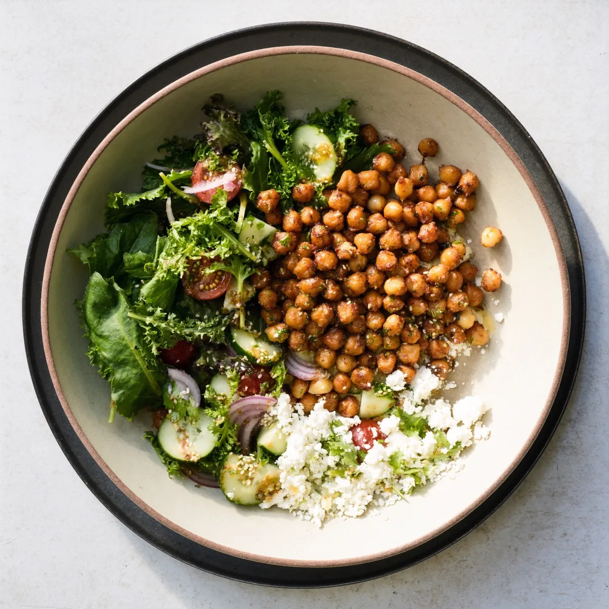 Lunch bowl with chickpeas, greens and feta